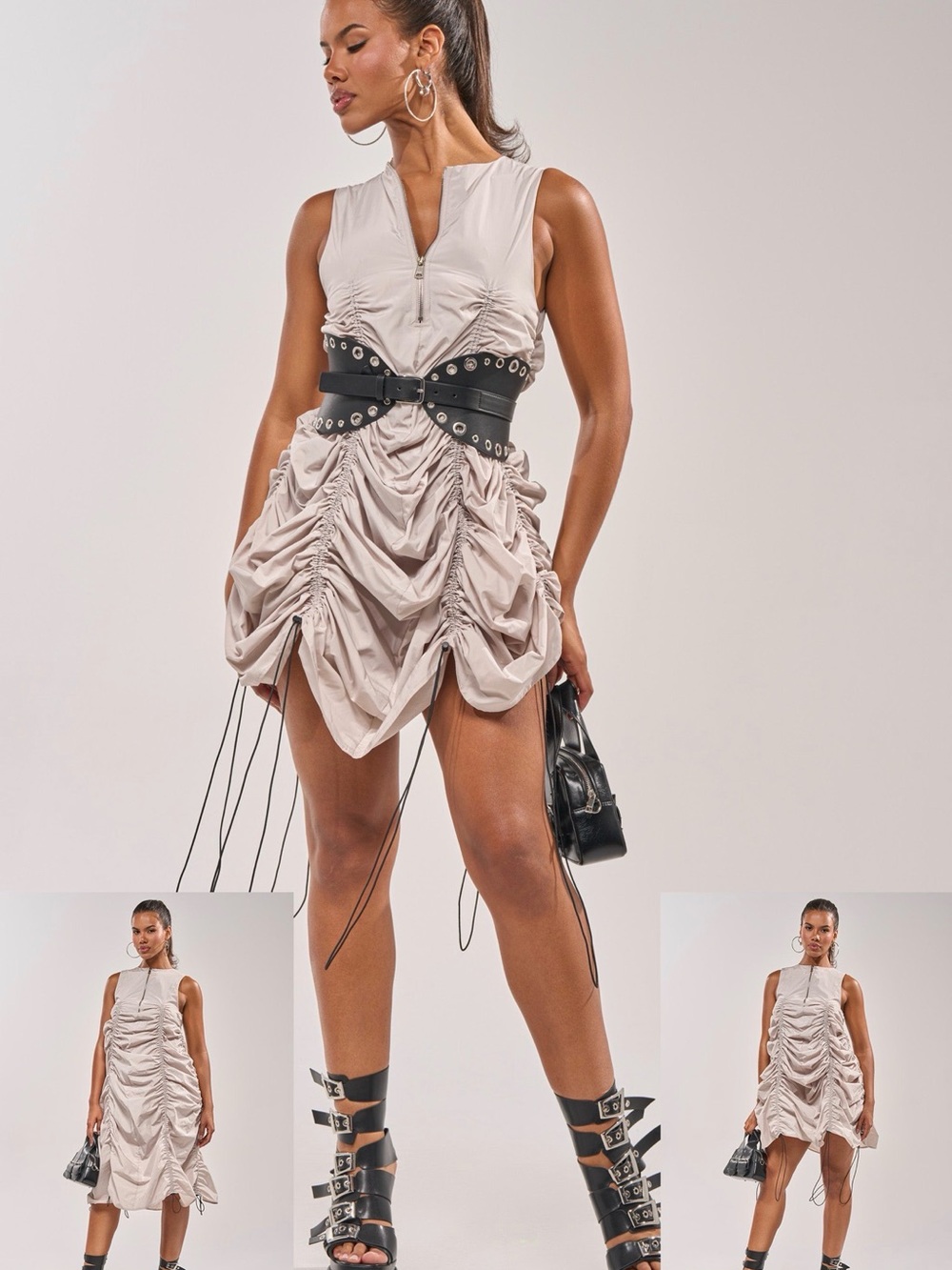 AKIRA Ruched Sleeveless Mini Dress in Light Taupe (belt not included)